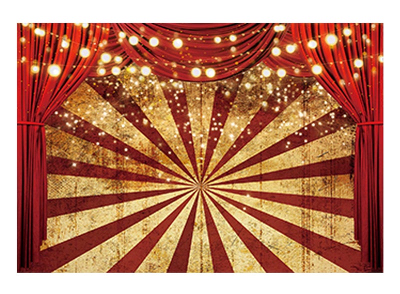 Funnytree 7x5ft Golden Glitter Red Curtain Halloween Photography Backdrop Circus Carnival Sparkle Stripes Background Baby Shower Birthday Party Portrait Cake Table Decor Banner Photo Booth Props - Image 1